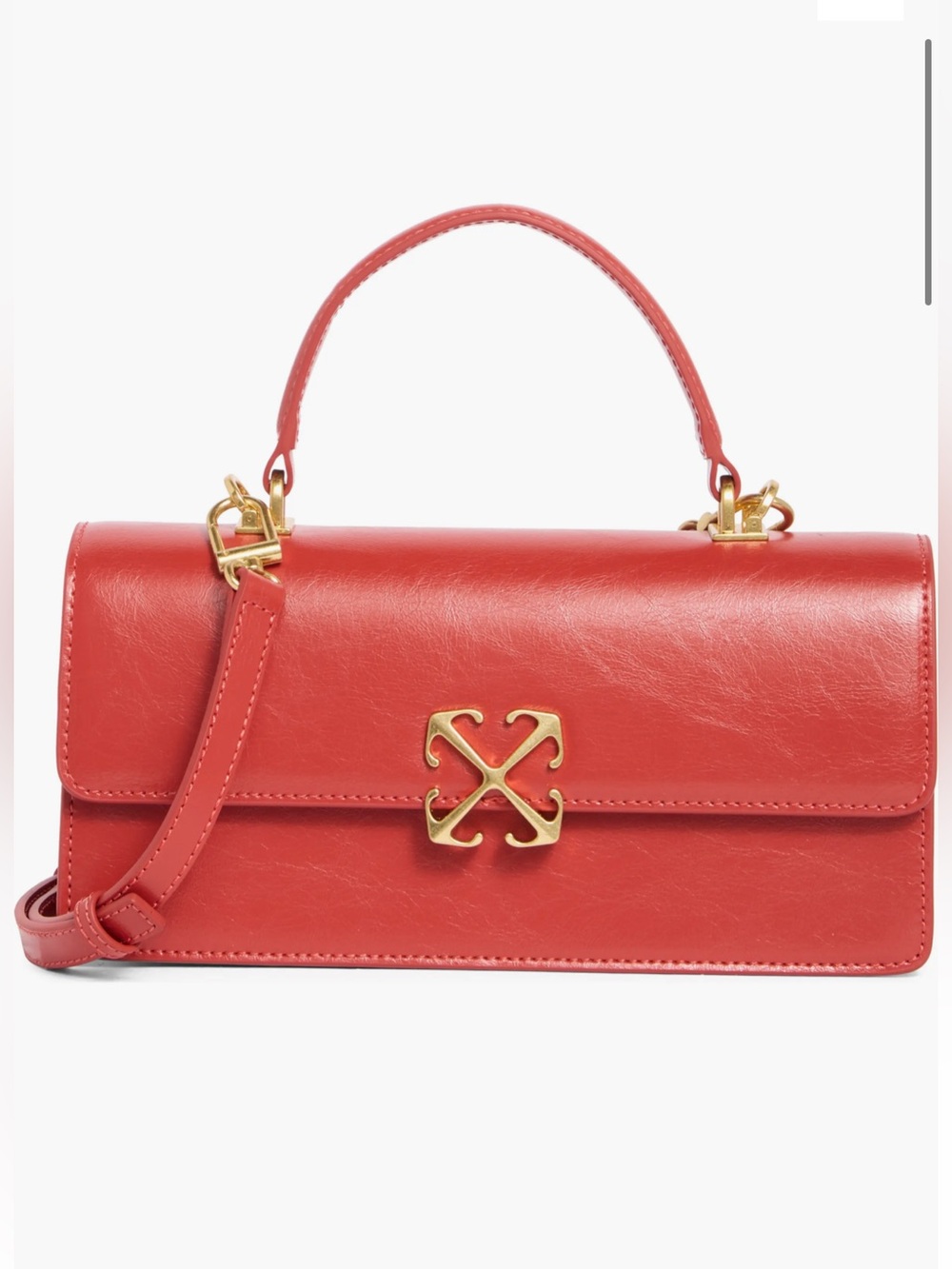 Off-White Coral Red Leather Top-Handle Satchel with Gold Hardware